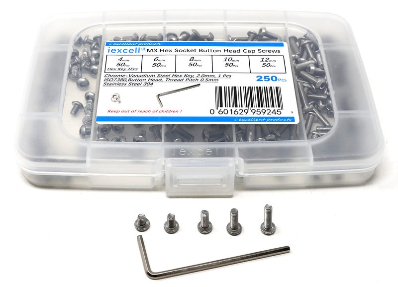 iexcell 250 Pcs M3 x 4/6/8/10/12 Stainless Steel 304 Hex Socket Button Head Cap Screws Bolts Assortment Kit - Image 4