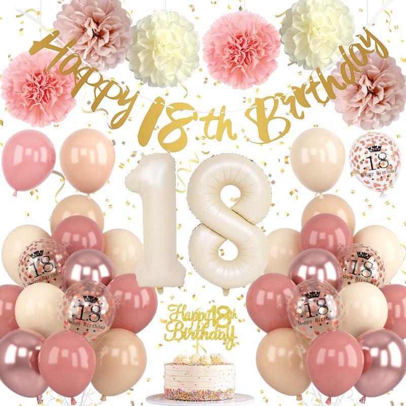 Froova 18th Birthday Decorations for Girl Retro Blush Pink Birthday Balloons Happy 18th Banner Cake Topper Pom Poms Dusty Rose Gold Number 18 Balloon for Her 18 Year Old Bday Party Decoration Supplies - Image 2