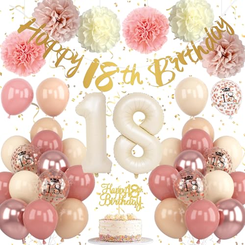 Froova 18th Birthday Decorations for Girl Retro Blush Pink Birthday Balloons Happy 18th Banner Cake Topper Pom Poms Dusty Rose Gold Number 18 Balloon for Her 18 Year Old Bday Party Decoration Supplies - Image 1