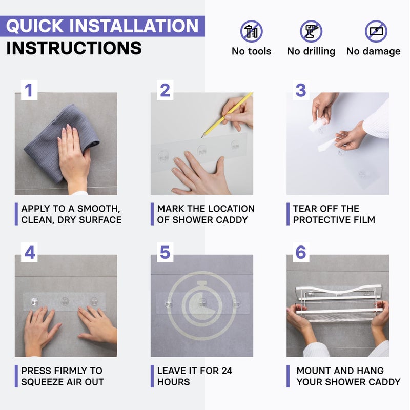 KINCMAX Premium Shower Caddy - Self Adhesive Shower Organizer w/ 4 Hooks, Drill-Free Shower Shelves for Inside Shower, Rustproof Stainless Steel Shower Rack for Bathroom, Shower Accessories, Silver - Image 5