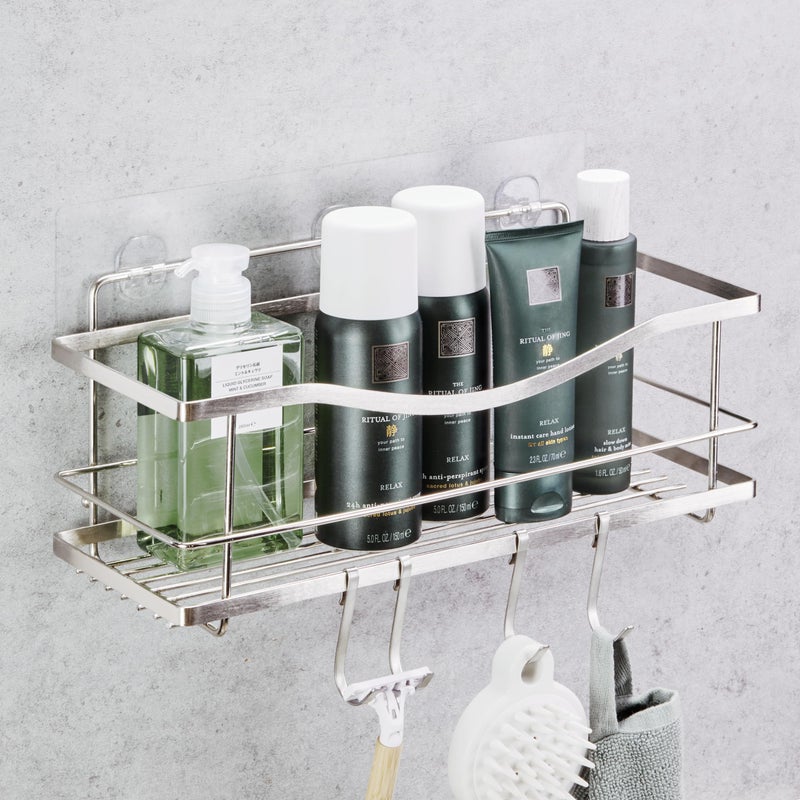 KINCMAX Premium Shower Caddy - Self Adhesive Shower Organizer w/ 4 Hooks, Drill-Free Shower Shelves for Inside Shower, Rustproof Stainless Steel Shower Rack for Bathroom, Shower Accessories, Silver - Image 1