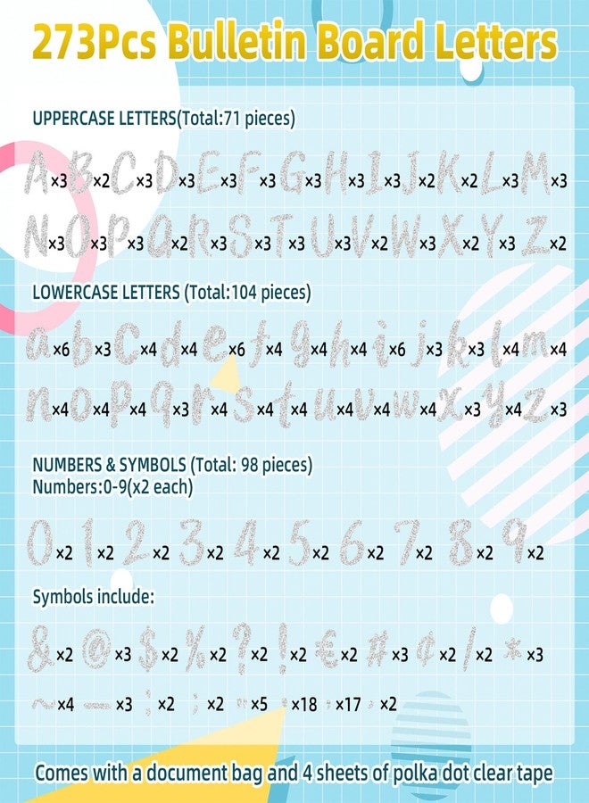 Bermoge 273 Pcs 4 Inch Glitter Bulletin Board Letters Set - Poster Board Letter Cutouts with Alphabet, Symbols, Numbers, Storage Bag - Classroom Decor, DIY Projects, Teacher Supplies, Office (Silver) - Image 3