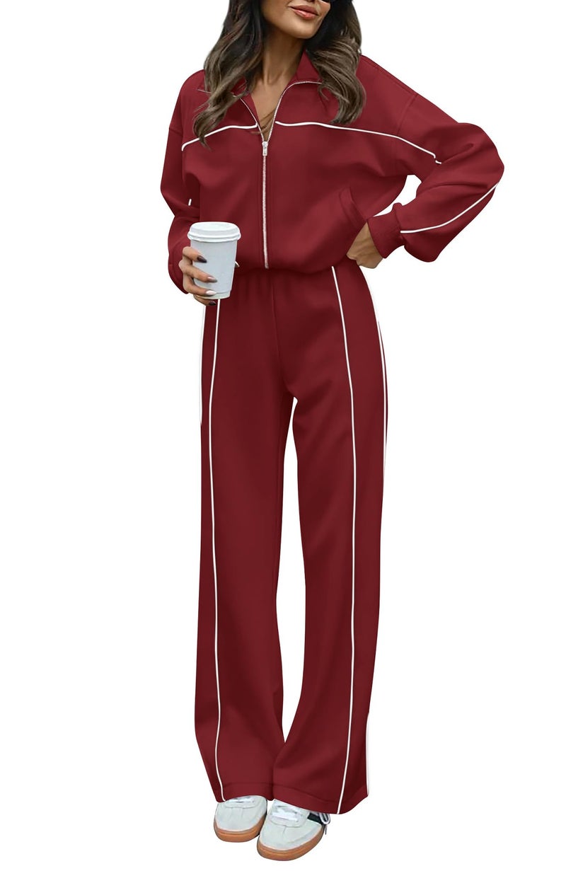BTFBM Women's Two Piece Tracksuit Spring 2026 Long Sleeve Zip Up Sweatshirt Long Pants Outfits Jogger Sweatsuit Sets(Solid Brick Red,Large) - Image 1