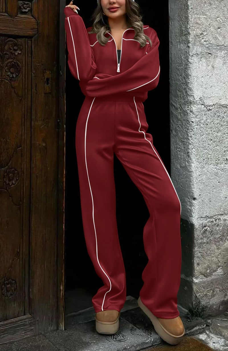 BTFBM Women's Two Piece Tracksuit Spring 2026 Long Sleeve Zip Up Sweatshirt Long Pants Outfits Jogger Sweatsuit Sets(Solid Brick Red,Large) - Image 3