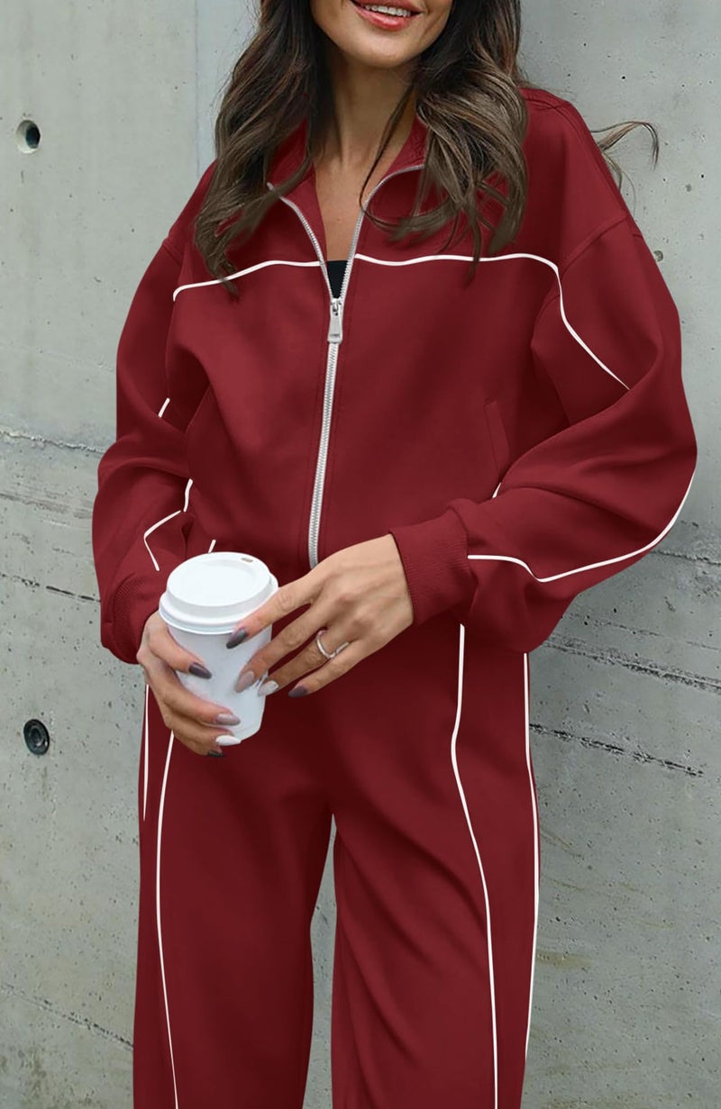 BTFBM Women's Two Piece Tracksuit Spring 2026 Long Sleeve Zip Up Sweatshirt Long Pants Outfits Jogger Sweatsuit Sets(Solid Brick Red,Large) - Image 4