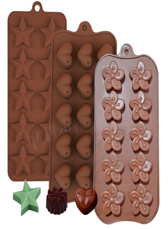 MoldBerry Silicone Chocolate Mould Combo | Star, Heart & Flower Shape Mini Chocolate Mold | Chocolate Making Mold | Multi-Purpose for Chocolates, Soap, Wax Melts & Ice | Brown (Pack of 3) - Image 1