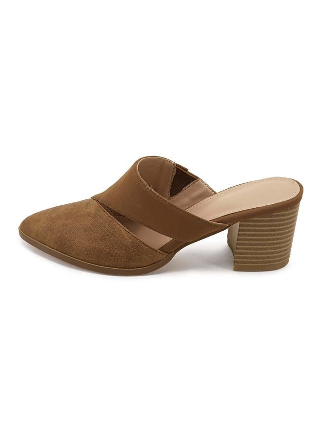 Syktkmx Womens Cutout Backless Chunky Stacked Mules Slip On Closed Toe Scale Heeled Sandal Shoes, Brown, 9.5 - Image 3