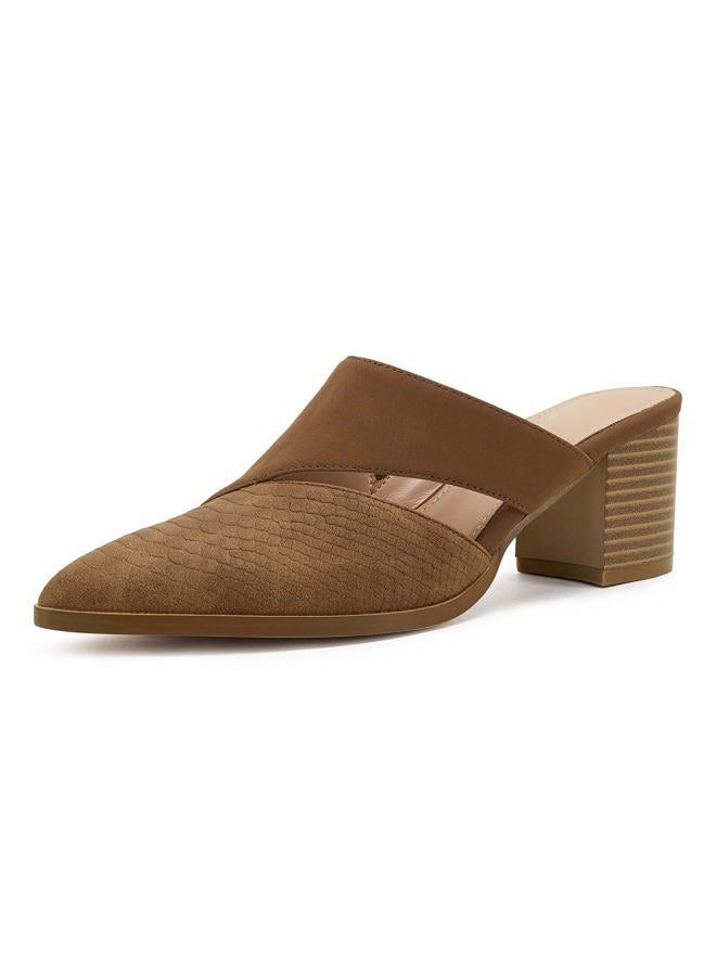 Syktkmx Womens Cutout Backless Chunky Stacked Mules Slip On Closed Toe Scale Heeled Sandal Shoes, Brown, 9.5 - Image 1