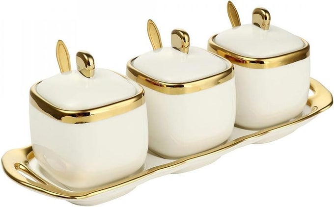 3 PACK CERAMIC SUGAR BOWLS SETMARBLE PORCELAIN SPICE JARS STORAGE CONTAINERS CONDIMENT JAR SPICE CONTAINER WITH SPOONS AND LIDS FOR HOME AND KITCHEN WHITE