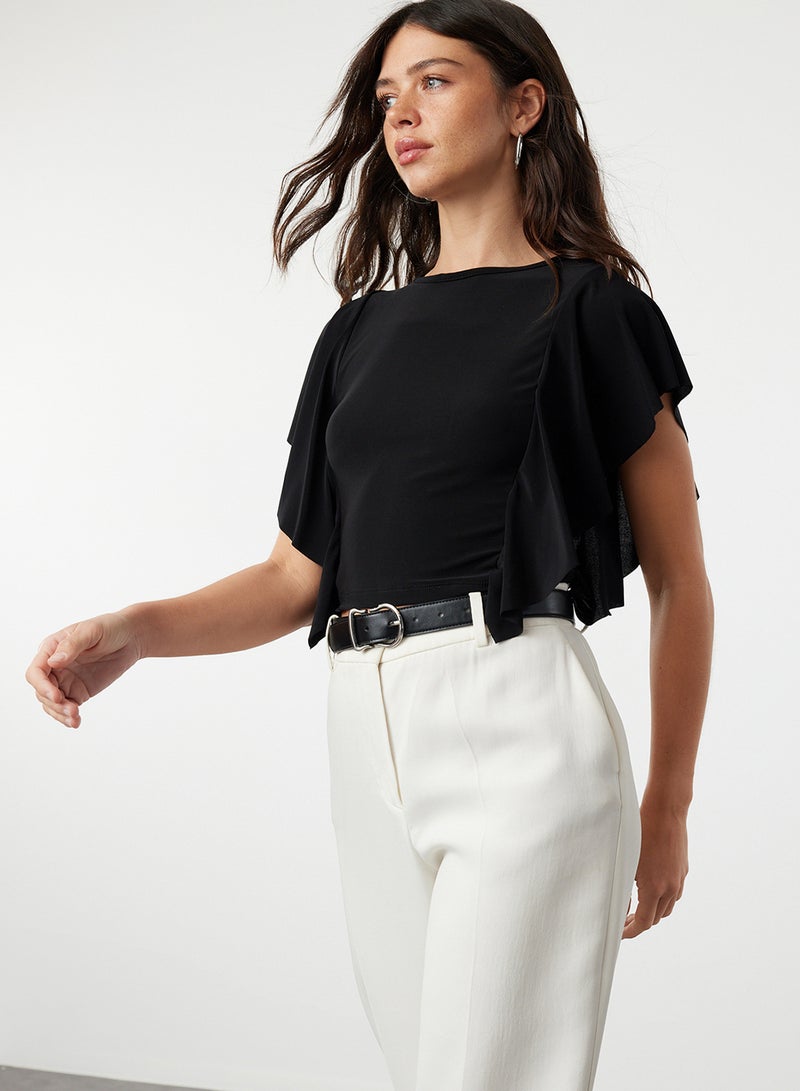 trendyol Black Arms Ruffle Detailed Crew Neck Flexible Knitted Blouse TWOSS24BZ00636 - Image 1