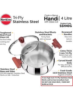Hawkins Hawkins 4 Litre Cook n Serve Handi with Glass Lid, Induction Compatible Tri-Ply Stainless Steel Cookware, Cooking Pot, Saucepan, Silver  - Image 3