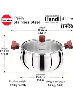 Hawkins Hawkins 4 Litre Cook n Serve Handi with Glass Lid, Induction Compatible Tri-Ply Stainless Steel Cookware, Cooking Pot, Saucepan, Silver  - Image 5
