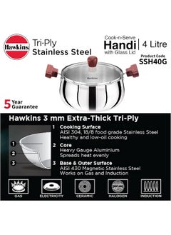 Hawkins Hawkins 4 Litre Cook n Serve Handi with Glass Lid, Induction Compatible Tri-Ply Stainless Steel Cookware, Cooking Pot, Saucepan, Silver  - Image 2