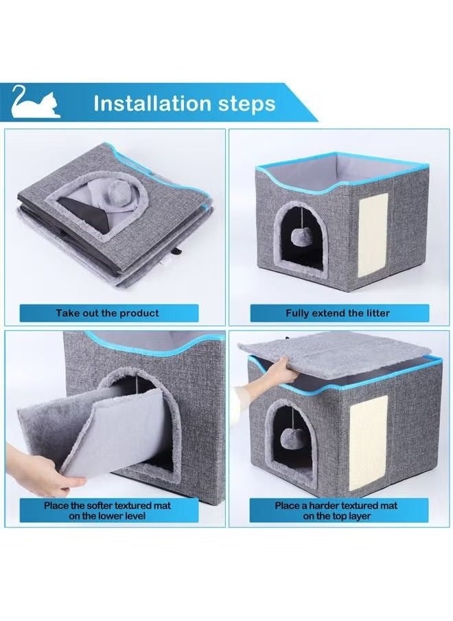 POWER - Cat Bed for Indoor Cats, Foldable Large Cat House with Mat, Multifunctional Cat Climbing Frame with Cat Scratch Board and Hanging Ball, Easy to Assemble, Pet Bed Cave - Image 1