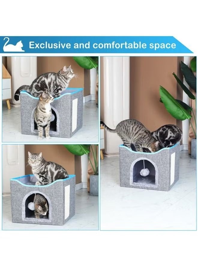POWER - Cat Bed for Indoor Cats, Foldable Large Cat House with Mat, Multifunctional Cat Climbing Frame with Cat Scratch Board and Hanging Ball, Easy to Assemble, Pet Bed Cave - Image 1