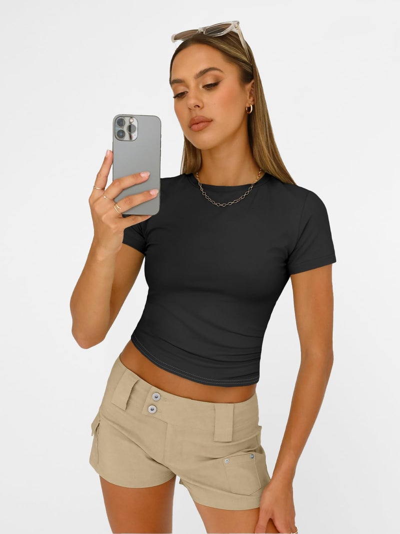 AUTOMET Women's Crew Neck Short Sleeve Summer Basic T-Shirt Stretchy Tight Fitted Soft Going Out Workout Gym Tops Black XL - Image 3