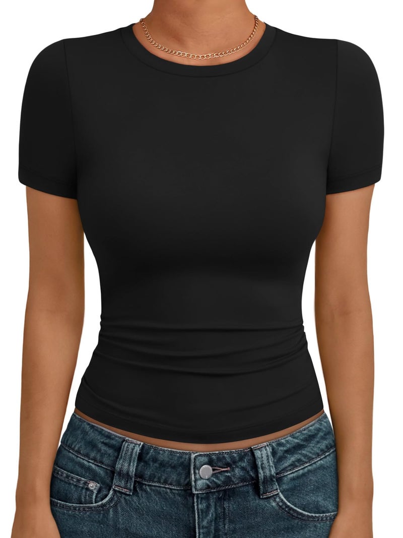 AUTOMET Women's Crew Neck Short Sleeve Summer Basic T-Shirt Stretchy Tight Fitted Soft Going Out Workout Gym Tops Black XL - Image 1
