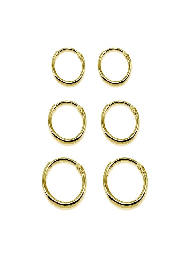 Hoops 4 Less 3 Pair Set Yellow Gold Flash Sterling Silver 10mm, 12mm & 14mm Tiny Small Lightweight Thin Round Continuous Endless Unisex Hoop Earrings - Image 2