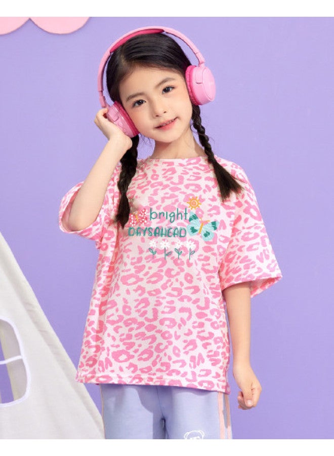 Badibadi Pure Cotton & Skin-friendly】25 Autumn New Girls' Short-sleeve T-shirt, Comfortable Loose Fit With Creative Letter Print For Older Kids - Image 1