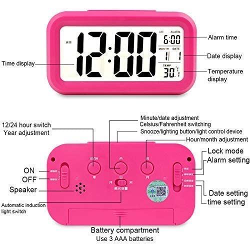 ASHAPURA CREATION Digital Alarm Clock Large LED Display Smart Backlight Battery Operated Alarm Table Clock with Automatic Sensor Date Temperature for KidsStudent Bedroom Pink - Image 3
