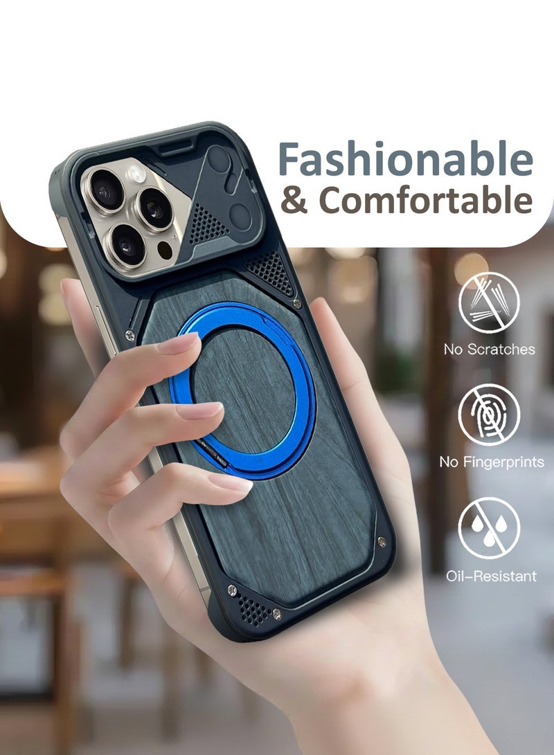 CATANES 2 Pack of Premium Wood Grain Case Compatible with Apple iPhone 15 Pro Max - Magnetic Ring Stand and Screen Protector, Sliding Camera Cover Protection, Heavy Duty Industrial Armor Shockproof Bumper Cover - Blue - Image 5