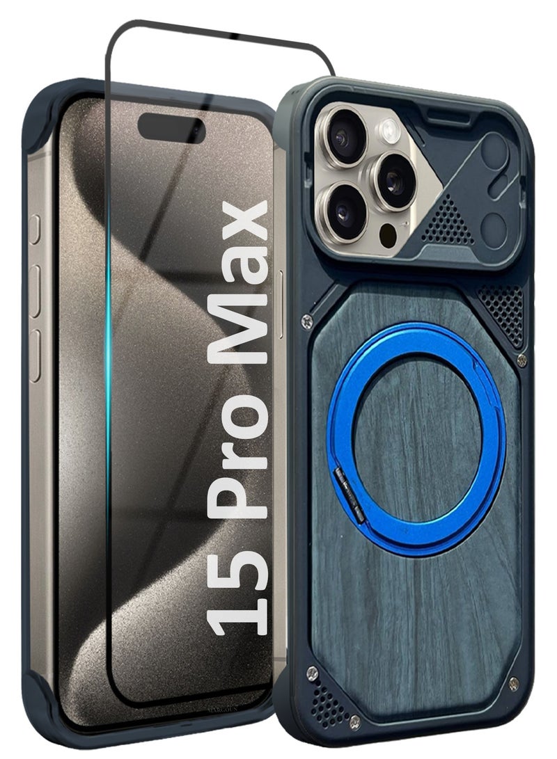 CATANES 2 Pack of Premium Wood Grain Case Compatible with Apple iPhone 15 Pro Max - Magnetic Ring Stand and Screen Protector, Sliding Camera Cover Protection, Heavy Duty Industrial Armor Shockproof Bumper Cover - Blue - Image 1
