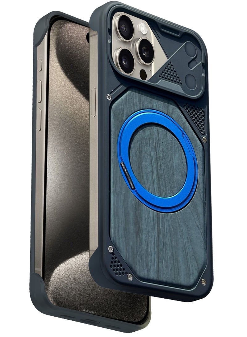 CATANES 2 Pack of Premium Wood Grain Case Compatible with Apple iPhone 15 Pro Max - Magnetic Ring Stand and Screen Protector, Sliding Camera Cover Protection, Heavy Duty Industrial Armor Shockproof Bumper Cover - Blue - Image 3