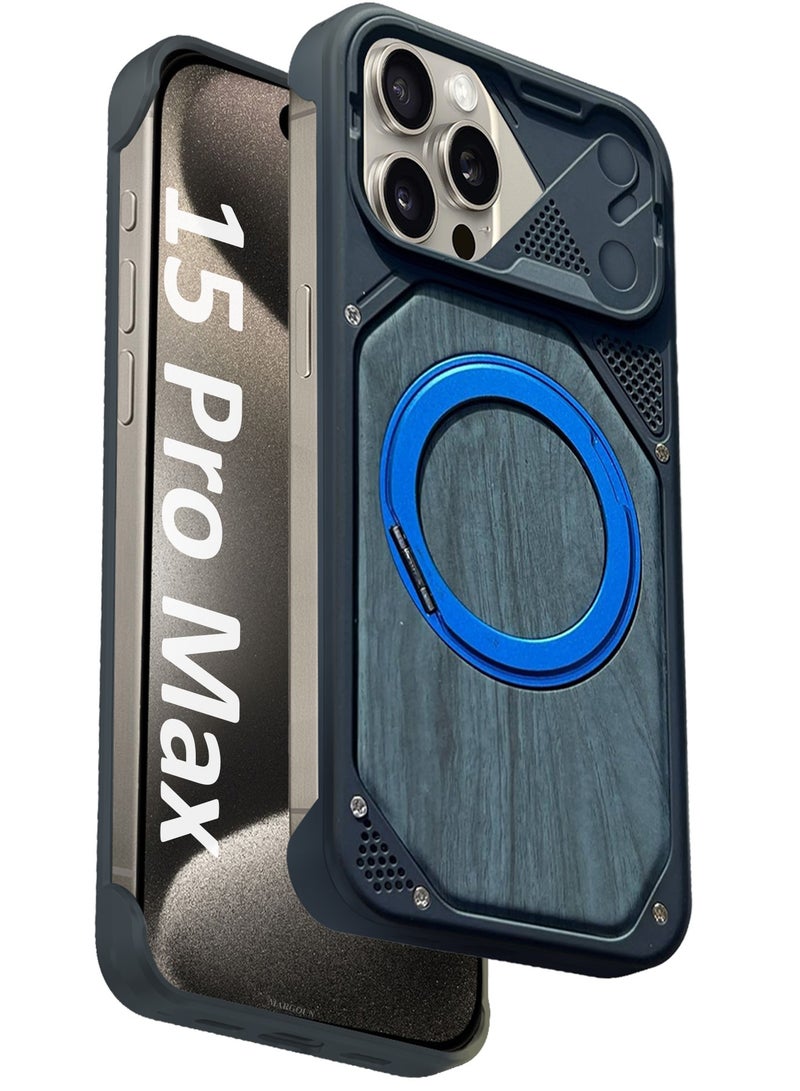 CATANES 2 Pack of Premium Wood Grain Case Compatible with Apple iPhone 15 Pro Max - Magnetic Ring Stand and Screen Protector, Sliding Camera Cover Protection, Heavy Duty Industrial Armor Shockproof Bumper Cover - Blue - Image 2
