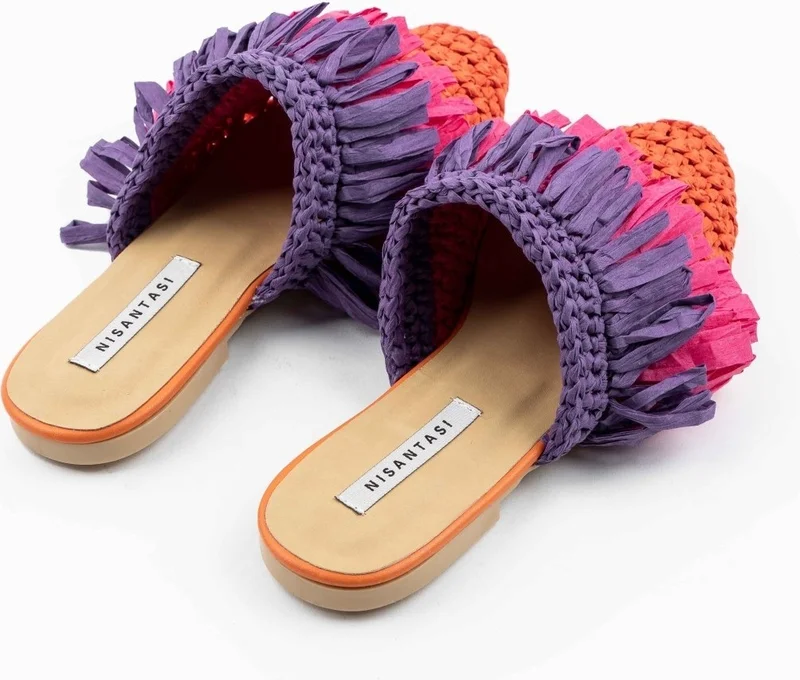 Nişantaşı Shoes Viana Orange Knitted Purple Fuchsia Tassel Detailed Women's Slippers