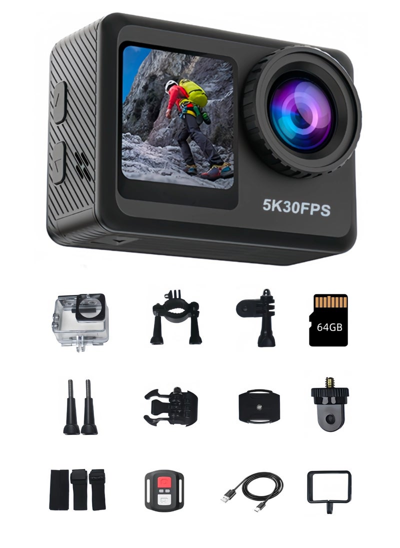 Milatech - True 5K Ultra HD Action Camera, WIFI, Remote Control, 64GB Card, Dual Color Screens, Dual Batteies,  Anti-Shake for Cycling & Waterproof for Diving - Image 1