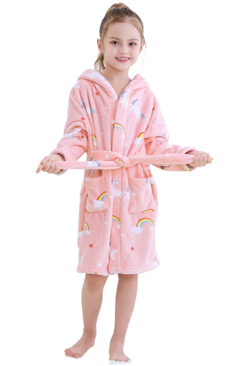 Umeyda Robe for Girls Soft Thick Fleece Plush Cover up Hooded Spa Flannel Bathrobe for Toddler Little Big Girls RainbowPink US 910 Years CN 160