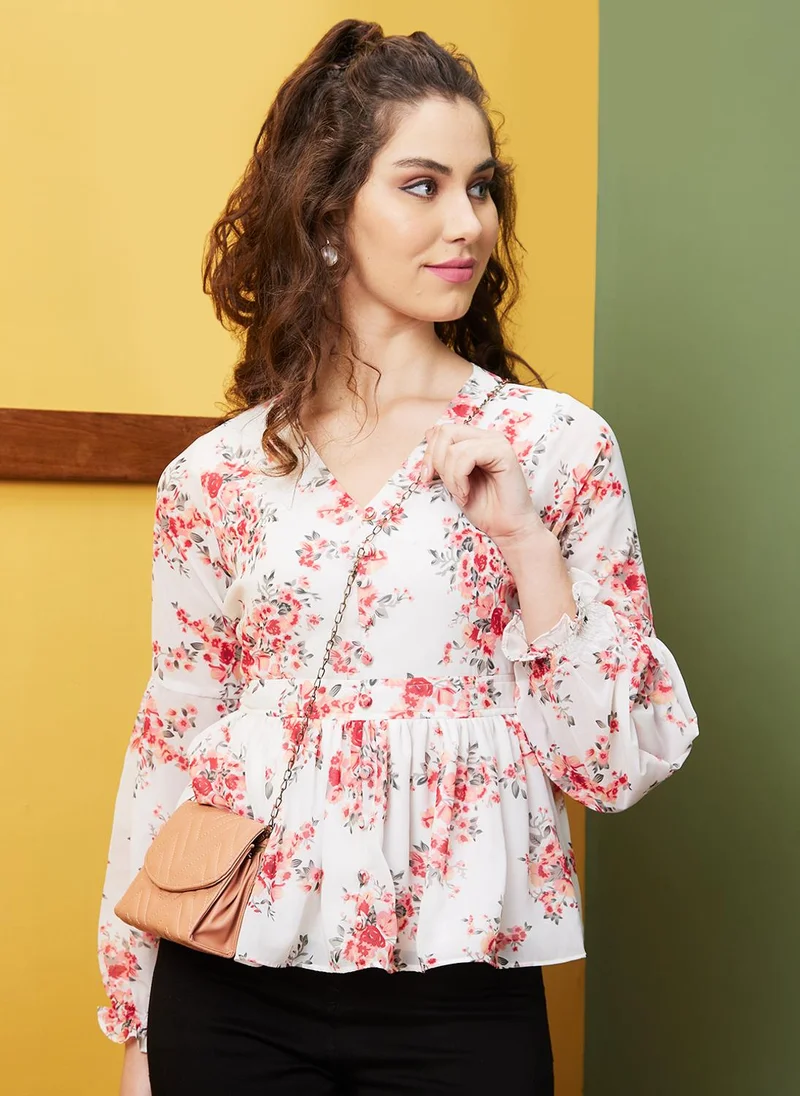 جلو باص Globus Women Floral Print V-Neck Casual Top