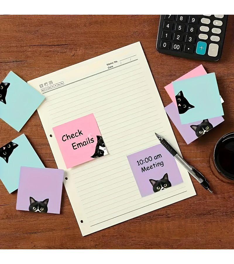 Set Of 2 Black Cat Sticky Notes Super Sticky Adhesive 6 Designs Memo Pad For Cat Lovers - Image 3