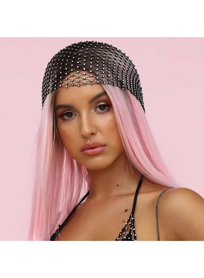 Aibearty Women Girls Mesh Rhinestone Headbands Glitter Hollow Out Wide Hairbands Elastic Turban Kerchiefs Crystal Headscarfs Wrap for Rave Party Festival Nightclub - Image 3
