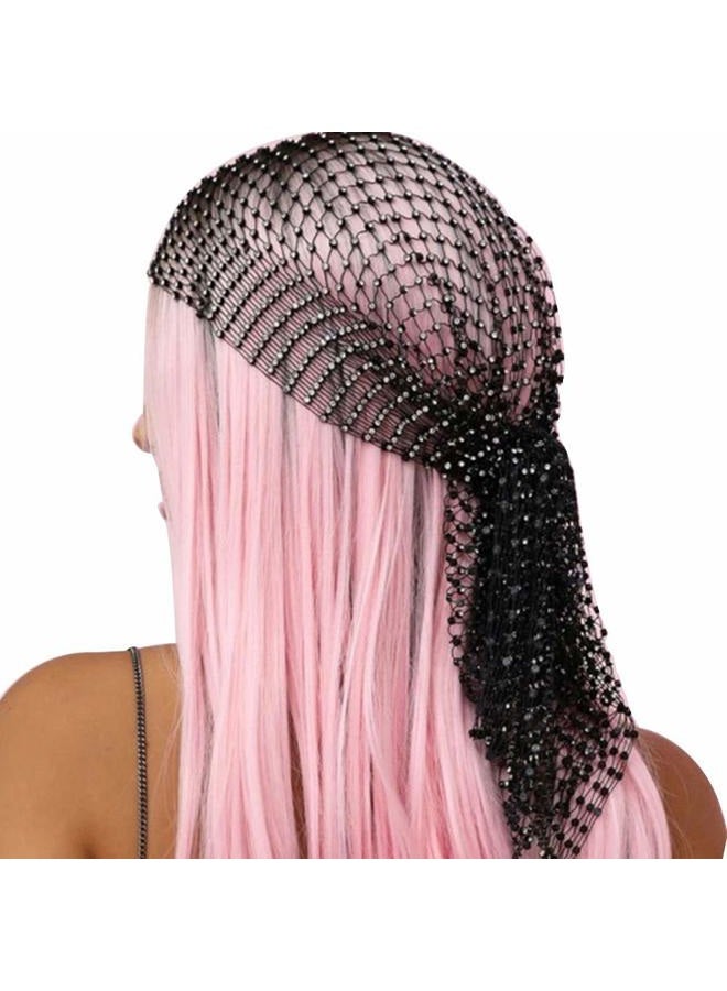 Aibearty Women Girls Mesh Rhinestone Headbands Glitter Hollow Out Wide Hairbands Elastic Turban Kerchiefs Crystal Headscarfs Wrap for Rave Party Festival Nightclub - Image 1