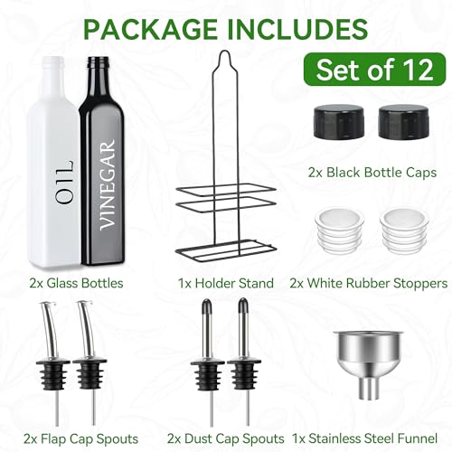 Vakoo Oil and Vinegar Dispenser Set - 17oz/500ml, Extra Thick Glass, Leak-Proof, Olive Oil Dispenser Bottle for Kitchen (White Black) - Image 2