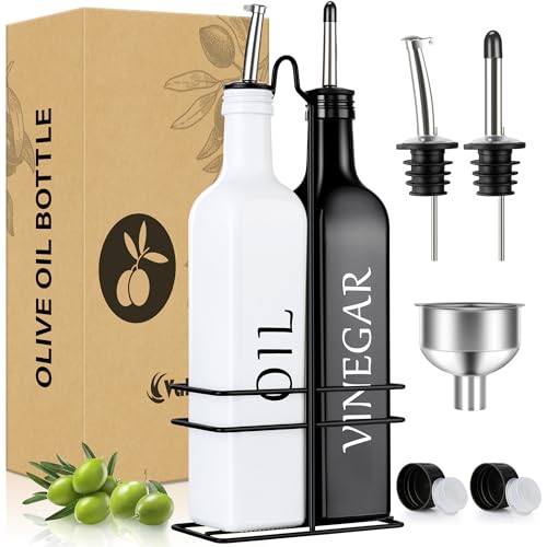 Vakoo Oil and Vinegar Dispenser Set - 17oz/500ml, Extra Thick Glass, Leak-Proof, Olive Oil Dispenser Bottle for Kitchen (White Black) - Image 1