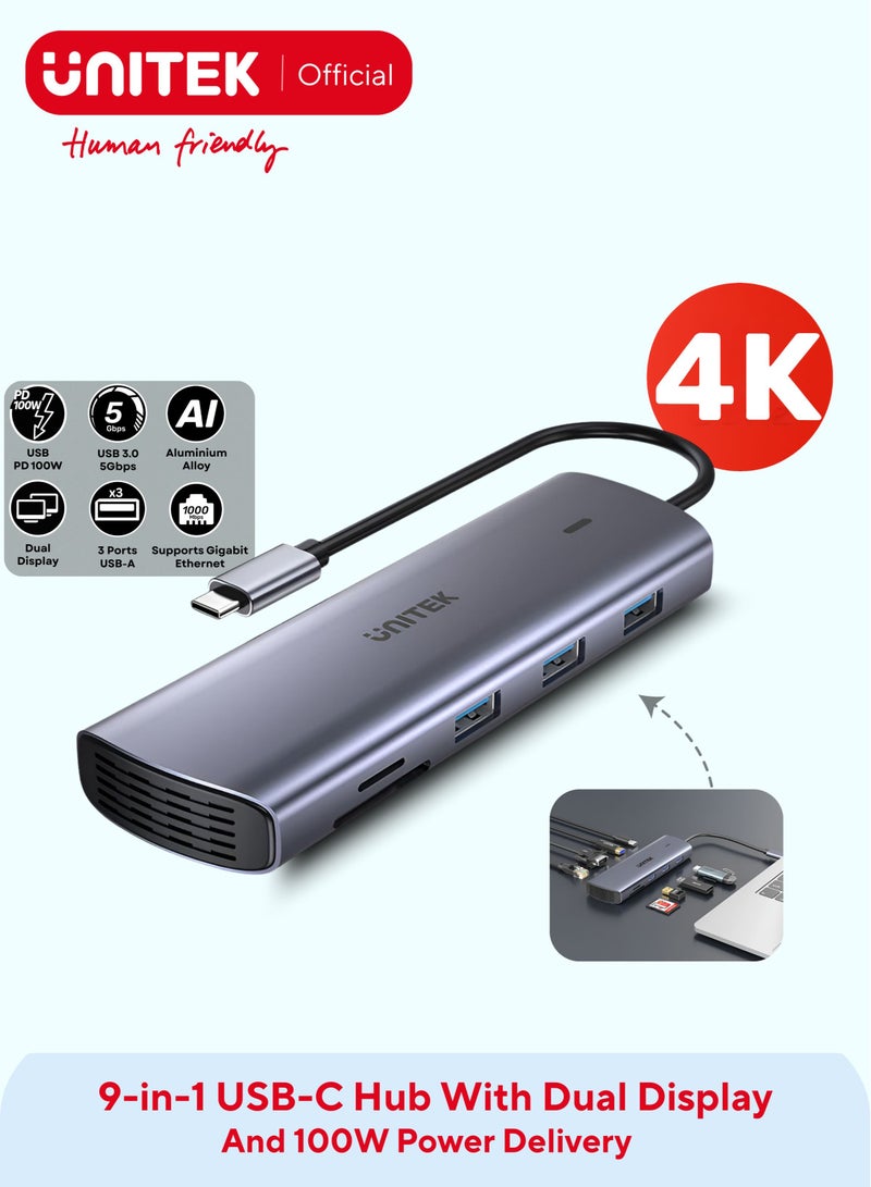 UNITEK محور USB-C 9 في 1 من UNITEK D1113A (3*USB-A 5Gbps + SD/Micro SD + Ethernet جيجابت + VGA + HDMI 4K 30Hz + PD 100W) - Image 1