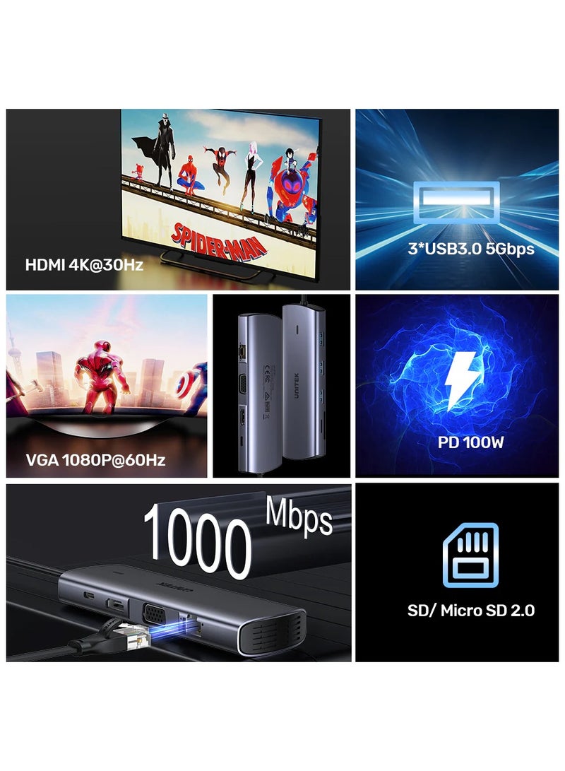 UNITEK محور USB-C 9 في 1 من UNITEK D1113A (3*USB-A 5Gbps + SD/Micro SD + Ethernet جيجابت + VGA + HDMI 4K 30Hz + PD 100W) - Image 2