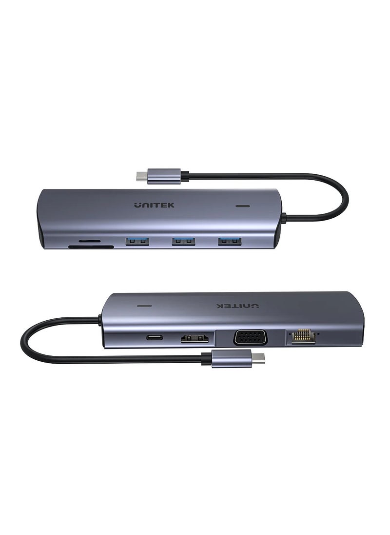 UNITEK D1113A 9-in-1 USB-C Hub (3*USB-A 5Gbps + SD/Micro SD + Gigabit Ethernet + VGA + HDMI 4K 30Hz + PD 100W)