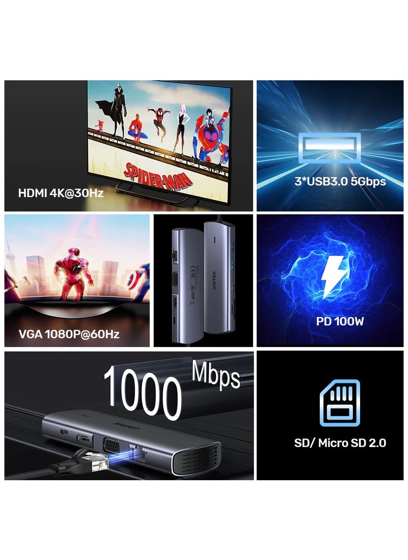 UNITEK D1113A 9-in-1 USB-C Hub (3*USB-A 5Gbps + SD/Micro SD + Gigabit Ethernet + VGA + HDMI 4K 30Hz + PD 100W)