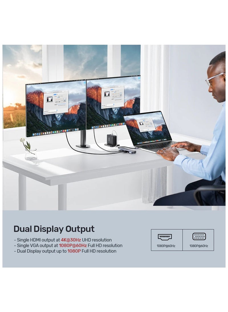 UNITEK D1113A 9-in-1 USB-C Hub (3*USB-A 5Gbps + SD/Micro SD + Gigabit Ethernet + VGA + HDMI 4K 30Hz + PD 100W)