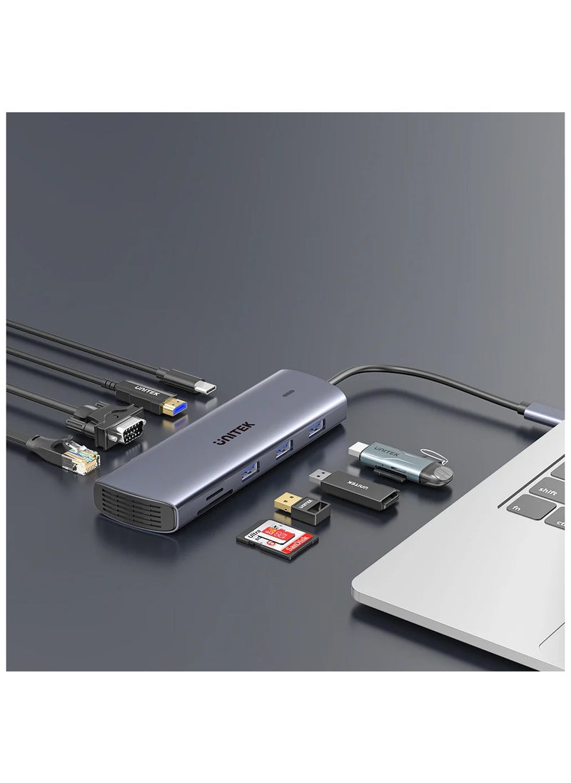 UNITEK D1113A 9-in-1 USB-C Hub (3*USB-A 5Gbps + SD/Micro SD + Gigabit Ethernet + VGA + HDMI 4K 30Hz + PD 100W)
