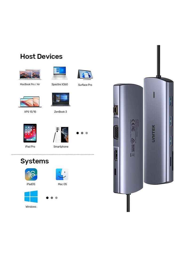 UNITEK D1113A 9-in-1 USB-C Hub (3*USB-A 5Gbps + SD/Micro SD + Gigabit Ethernet + VGA + HDMI 4K 30Hz + PD 100W)