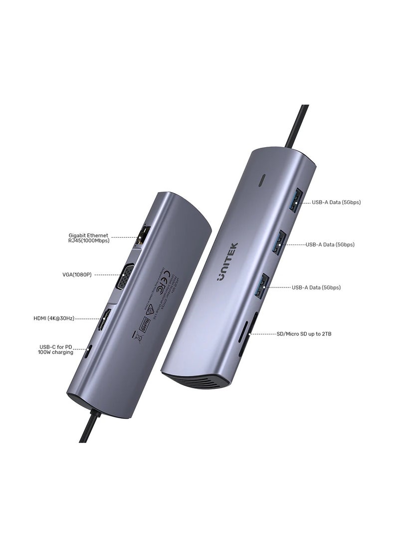 UNITEK D1113A 9-in-1 USB-C Hub (3*USB-A 5Gbps + SD/Micro SD + Gigabit Ethernet + VGA + HDMI 4K 30Hz + PD 100W)