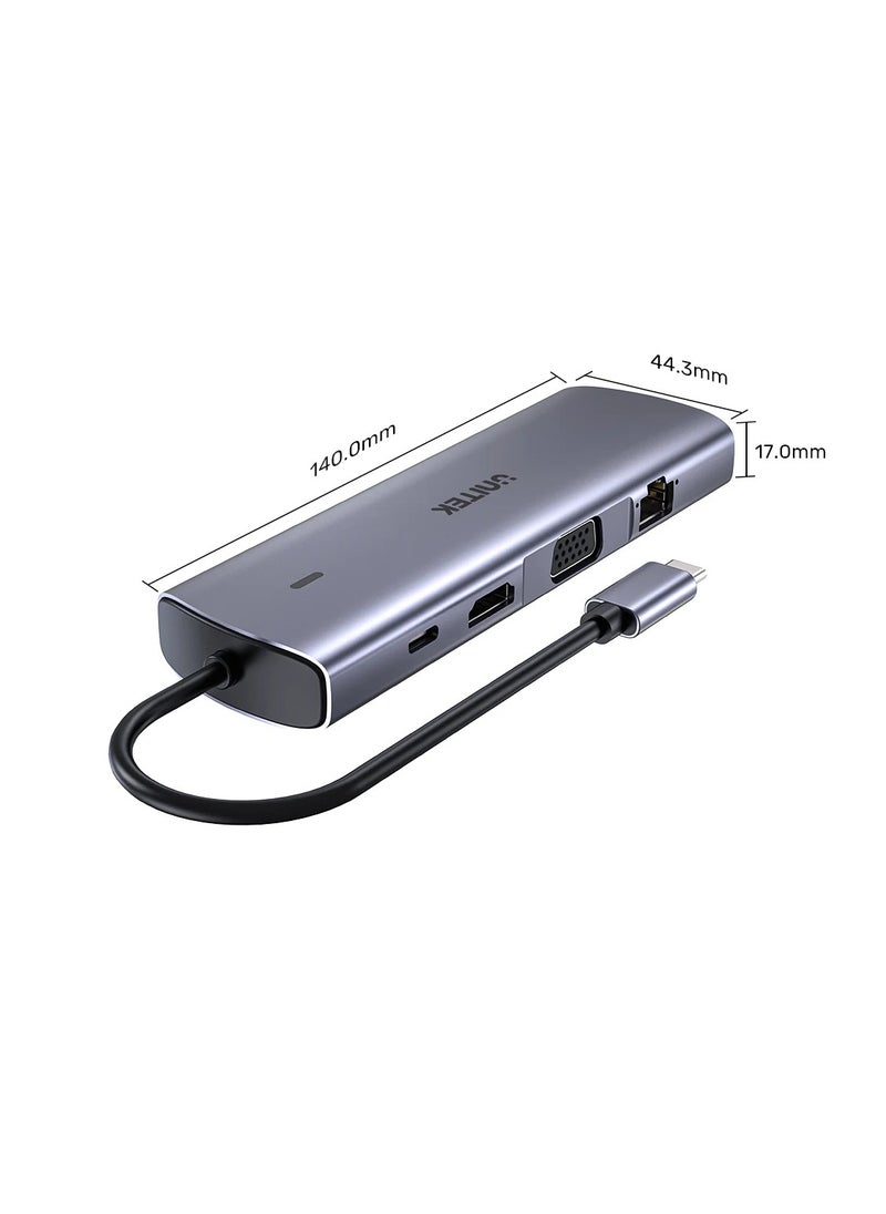UNITEK D1113A 9-in-1 USB-C Hub (3*USB-A 5Gbps + SD/Micro SD + Gigabit Ethernet + VGA + HDMI 4K 30Hz + PD 100W)