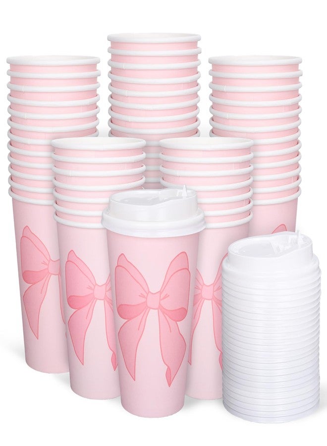 Whaline 50Pcs Bow Coquette Coffee Paper Cups Pink Bowknot 16 Oz Disposable Cups With Lids For Hot Cold Drinks Birthday Baby Shower Bachelorette Party Supplies - Image 1