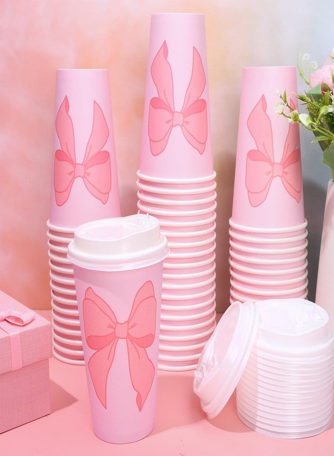 Whaline 50Pcs Bow Coquette Coffee Paper Cups Pink Bowknot 16 Oz Disposable Cups With Lids For Hot Cold Drinks Birthday Baby Shower Bachelorette Party Supplies - Image 5
