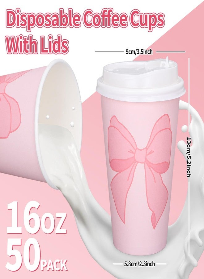 Whaline 50Pcs Bow Coquette Coffee Paper Cups Pink Bowknot 16 Oz Disposable Cups With Lids For Hot Cold Drinks Birthday Baby Shower Bachelorette Party Supplies - Image 2