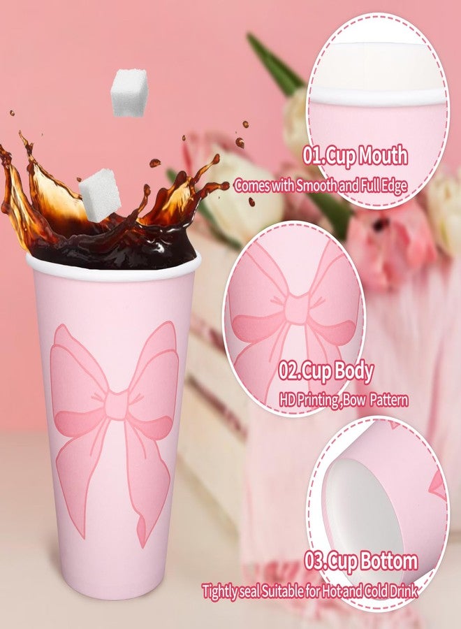 Whaline 50Pcs Bow Coquette Coffee Paper Cups Pink Bowknot 16 Oz Disposable Cups With Lids For Hot Cold Drinks Birthday Baby Shower Bachelorette Party Supplies - Image 3
